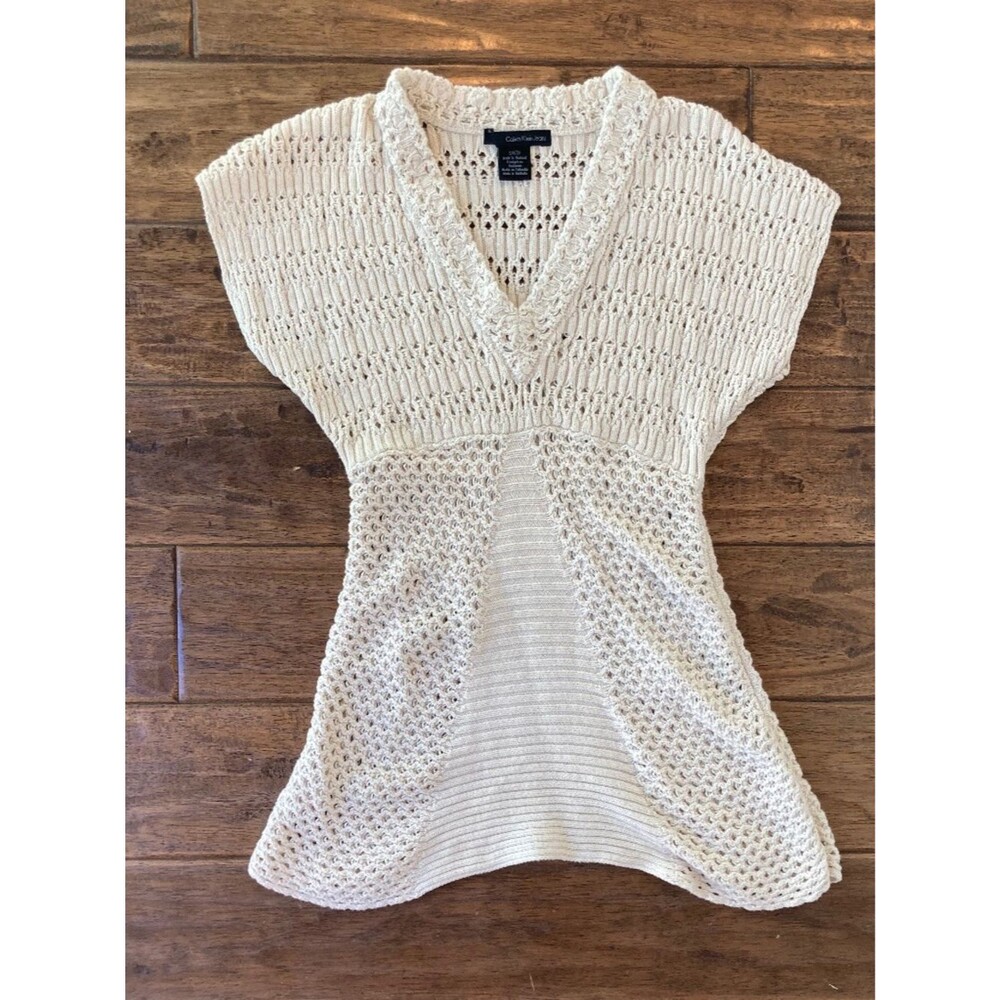 Calvin klein Beige Crochet Chunky Open Knit Mini Dress Womens Small